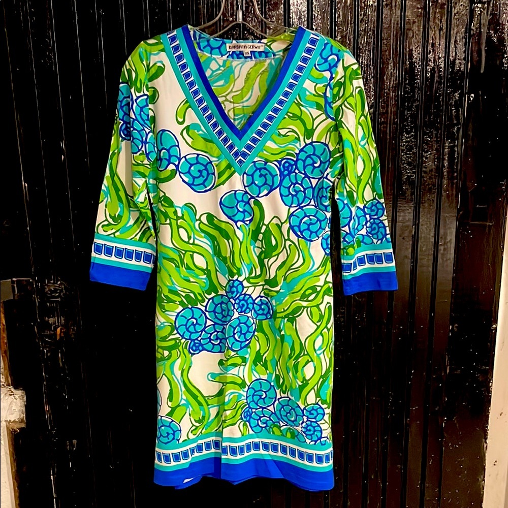 Barbara Gerwit Blue and Green Floral V-Neck Dress